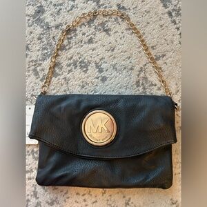 Black Faux Leather Shoulder Bag with Gold Chain Strap, NWT